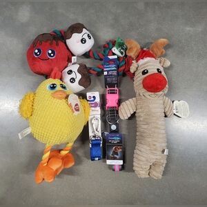 5 Dog toys, leash, collar